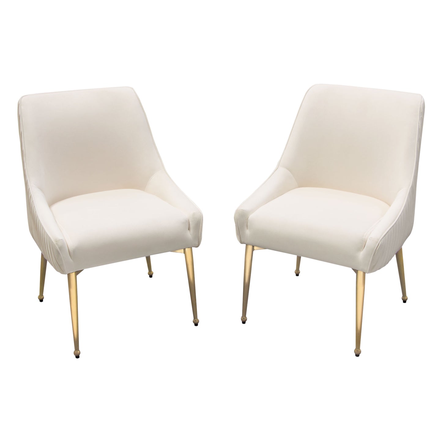 Set of (2) Quinn Dining Chairs w/ Vertical Outside Pleat Detail and Contoured Arm in Cream Velvet w/ Brushed Gold Metal Leg by Diamond Sofa
