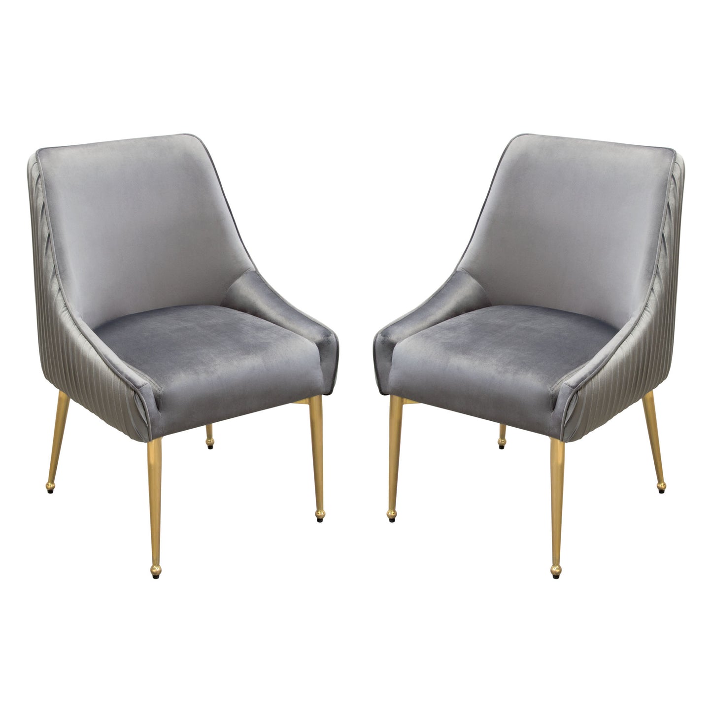 Set of (2) Quinn Dining Chairs w/ Vertical Outside Pleat Detail and Contoured Arm in Grey Velvet w/ Brushed Gold Metal Leg by Diamond Sofa