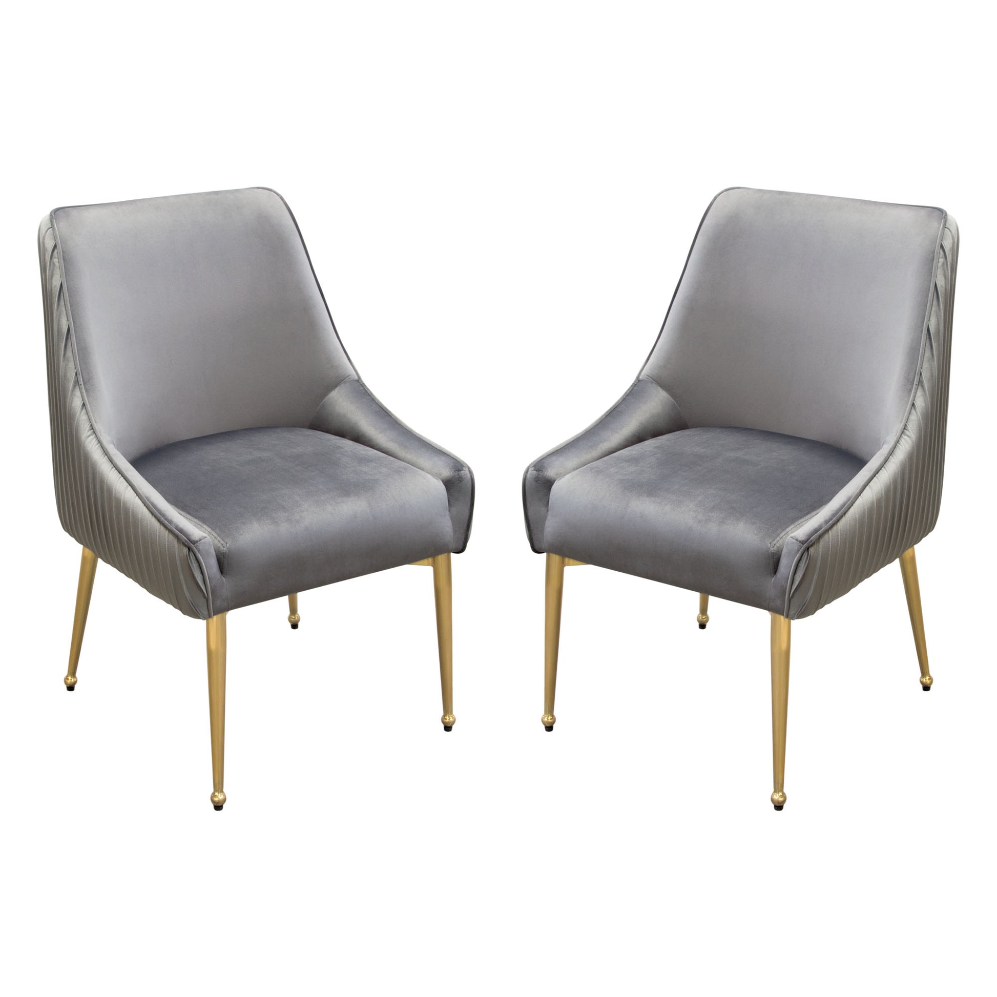 Set of (2) Quinn Dining Chairs w/ Vertical Outside Pleat Detail and Contoured Arm in Grey Velvet w/ Brushed Gold Metal Leg by Diamond Sofa