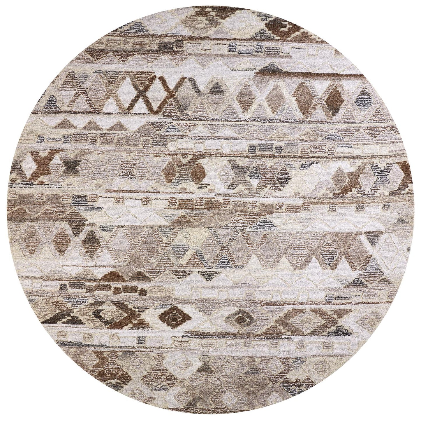 Asher Gradient Distressed Diamond Wool Rug, Ivory/Brown, 10ft x 10ft Round