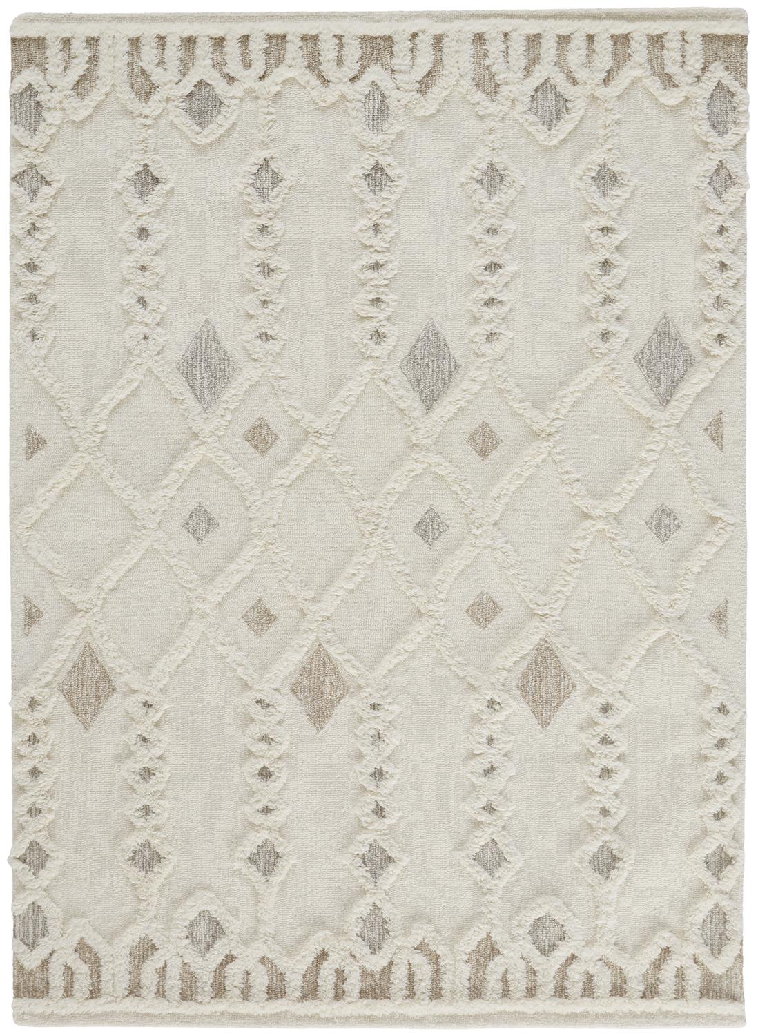 Anica Moroccan Wool Rug w/Ornamental Diamonds, Ivory/Tan, 5ft x 8ft Area Rug