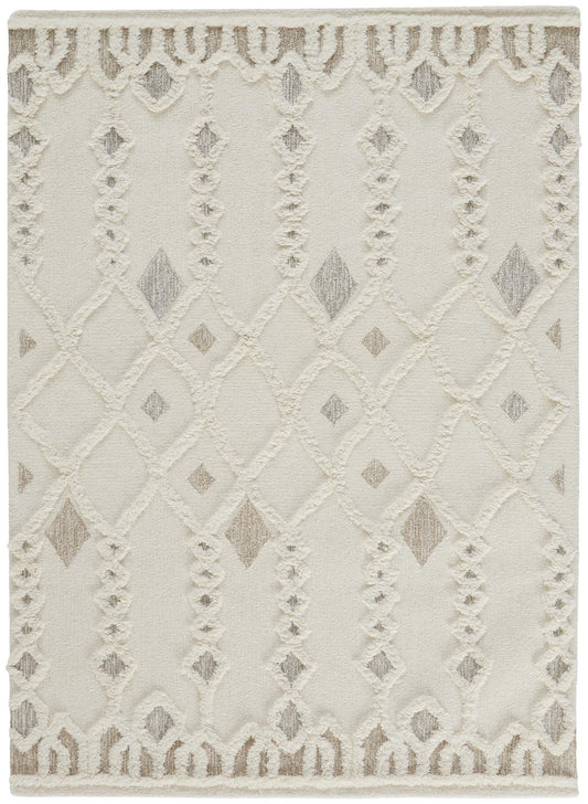 Anica Moroccan Wool Rug w/Ornamental Diamonds, Ivory/Tan, 5ft x 8ft Area Rug