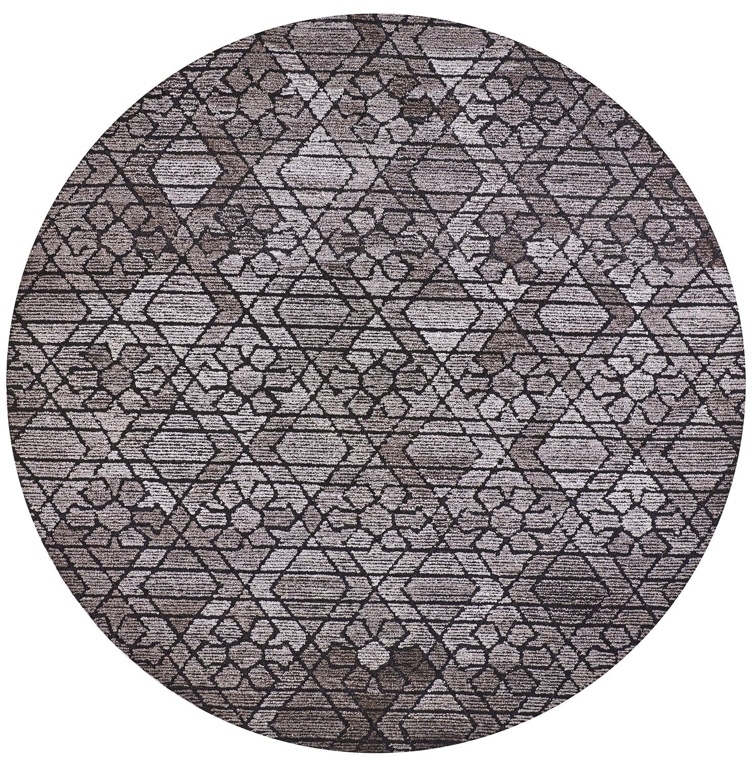 Asher Geometric Floral Wool Rug, Vapor Gray/Black, 10ft x 10ft Round