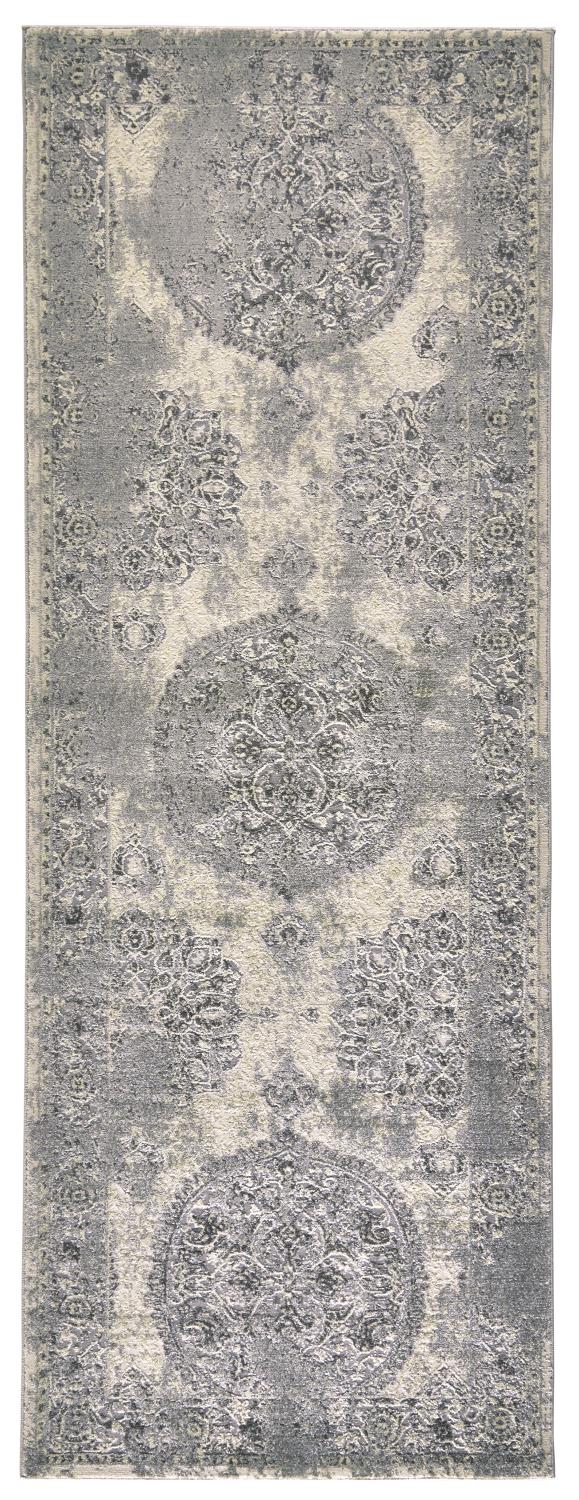Akhari Distressed Medallion, Silver/Beige/Dark Gray, 2ft-10in x 7ft-10in, Runner