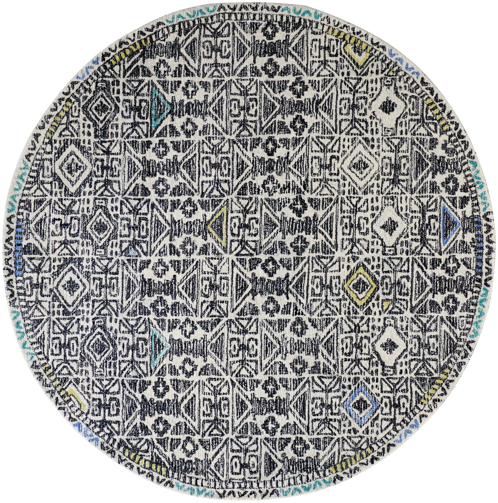 Arazad Tufted Tribal Pattern Rug, Warm Gray/Black/Green, 8ft x 8ft Round