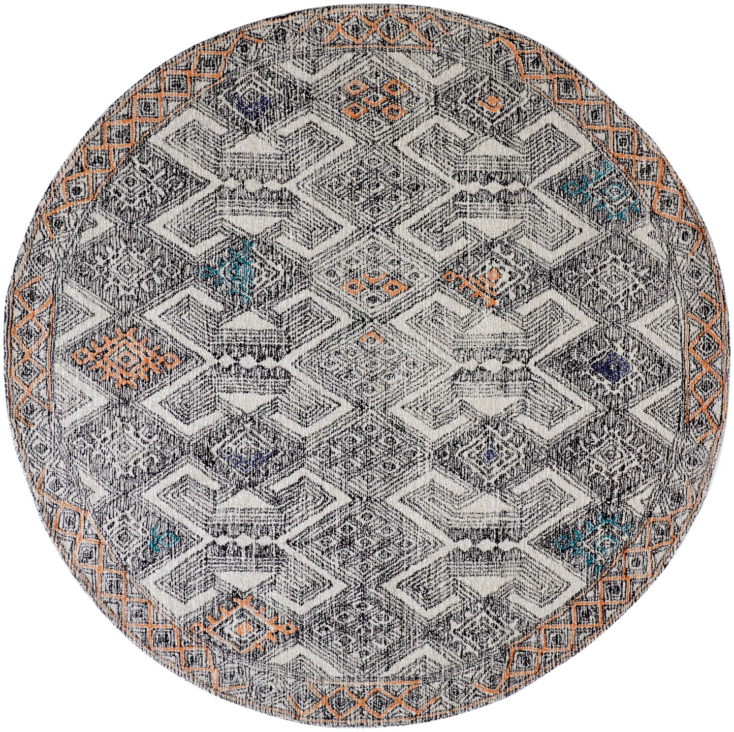 Arazad Tufted Tribal Diamond Rug, Black/Orange/Teal8ft x 8ft Round