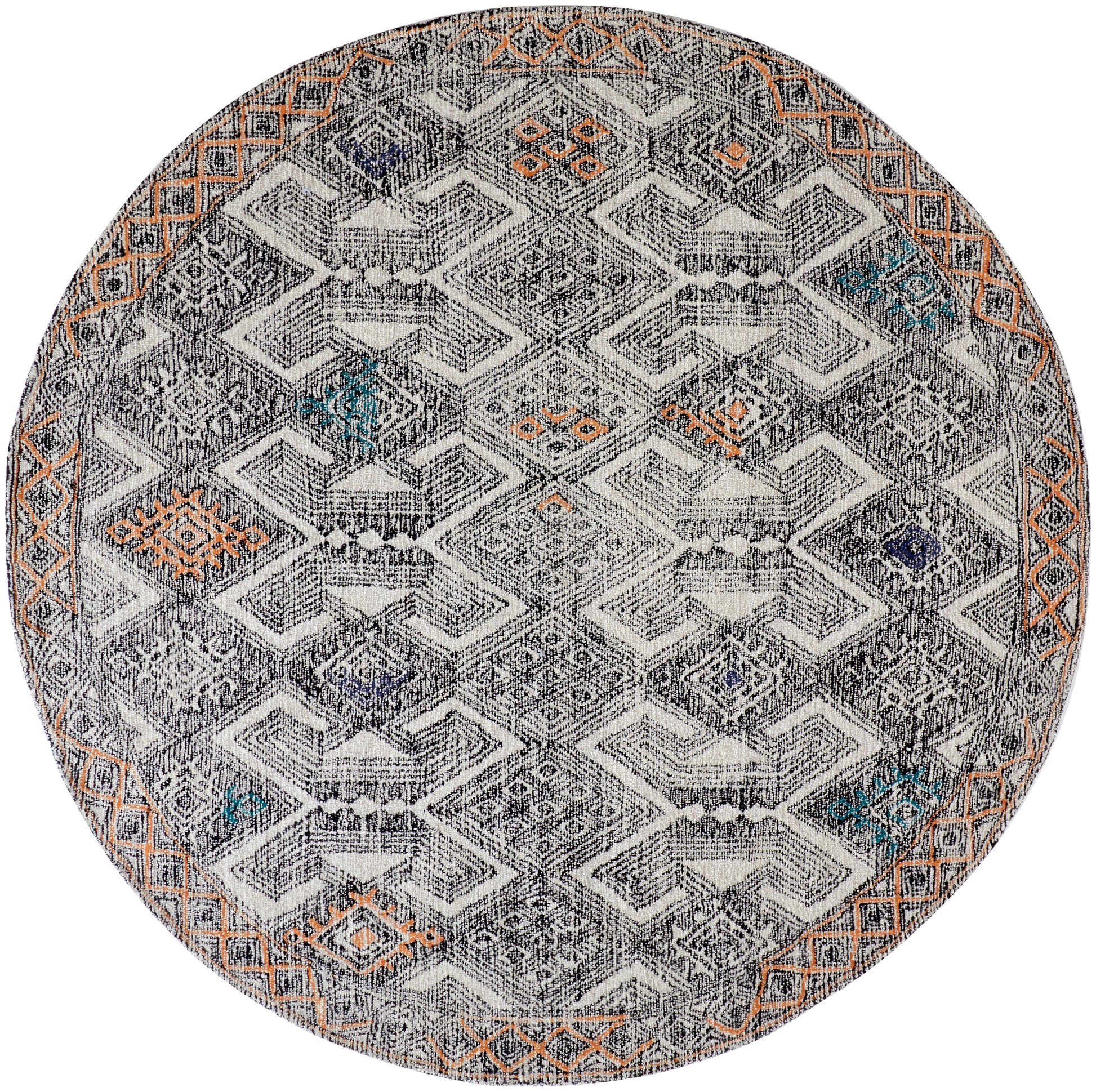 Arazad Tufted Tribal Diamond Rug, Black/Orange/Teal8ft x 8ft Round