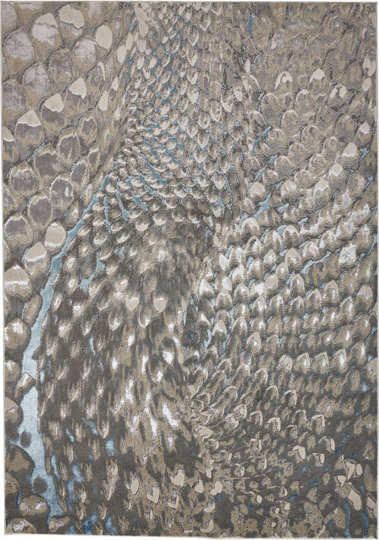 Azure Abstract Feather Rug, Teal/Gray/Silver, 5ft x 8ft Area Rug
