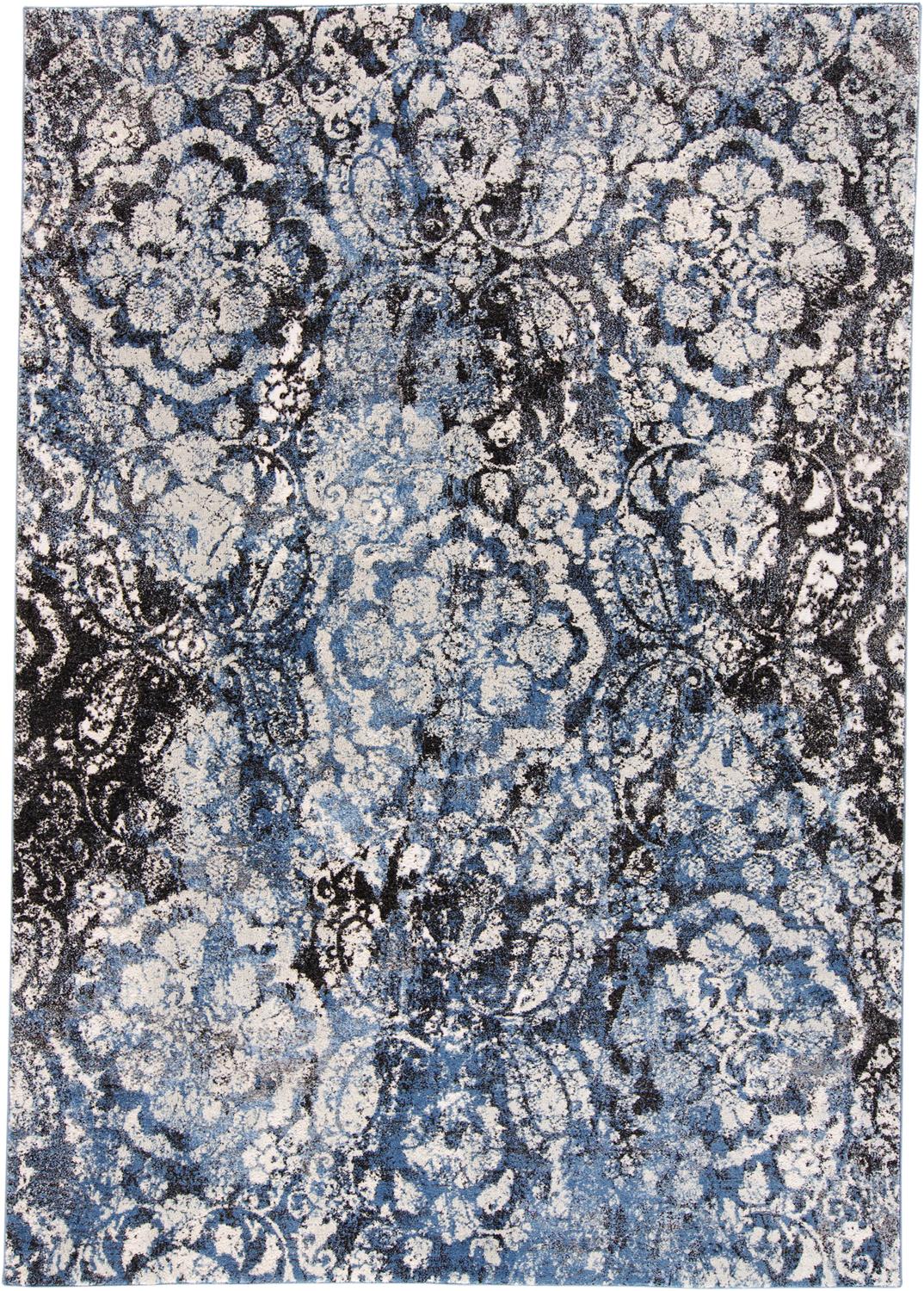 Ainsley Modern Distressed Floral Rug, Glacier Blue/Black, 4ft-3in x 6ft-3in