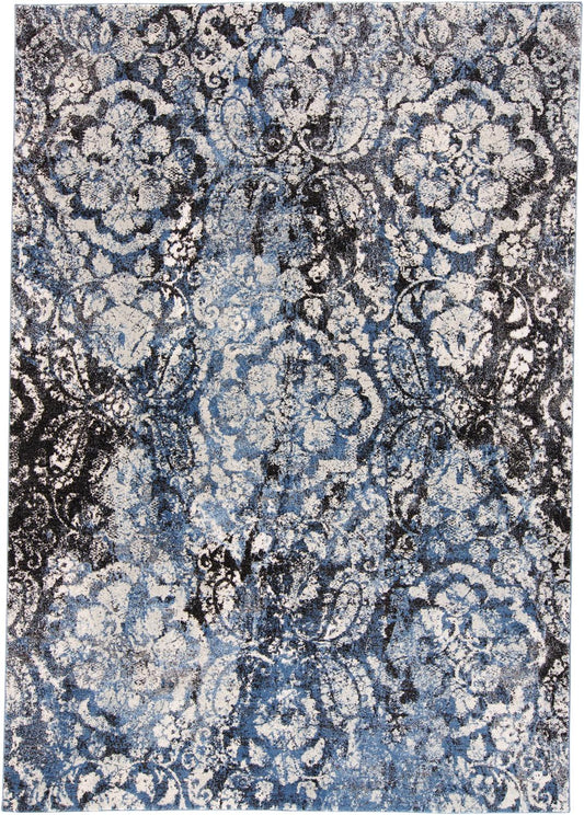 Ainsley Modern Distressed Floral Rug, Glacier Blue/Black, 4ft-3in x 6ft-3in