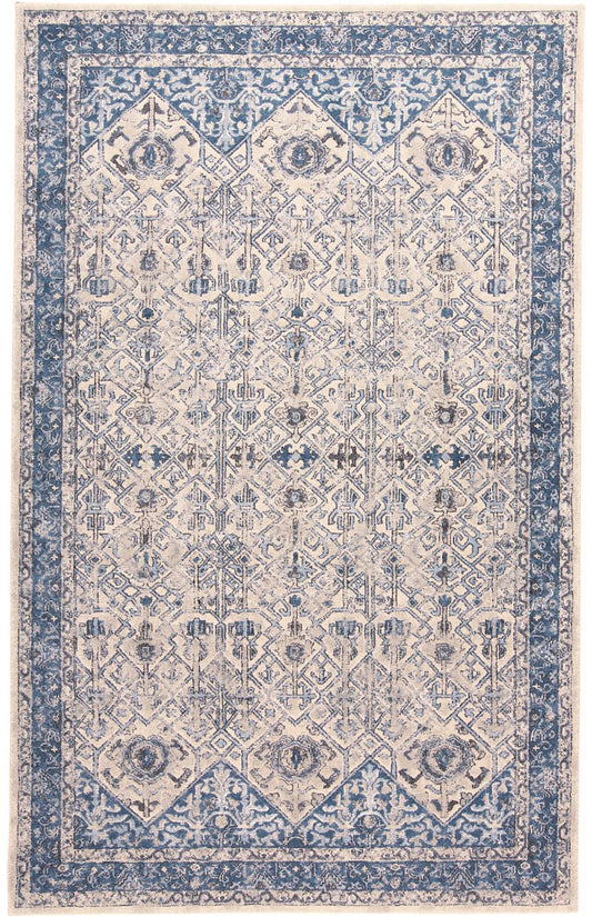 Ainsley Tribal Ornamental Rug w/Border, Blue/Ivory/Gray, 4ft-3in x 6ft-3in