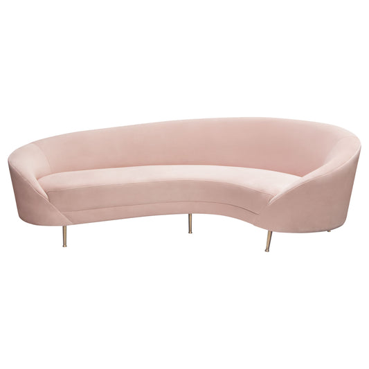 Celine Curved Sofa with Contoured Back in Blush Pink Velvet and Gold Metal Legs by Diamond Sofa