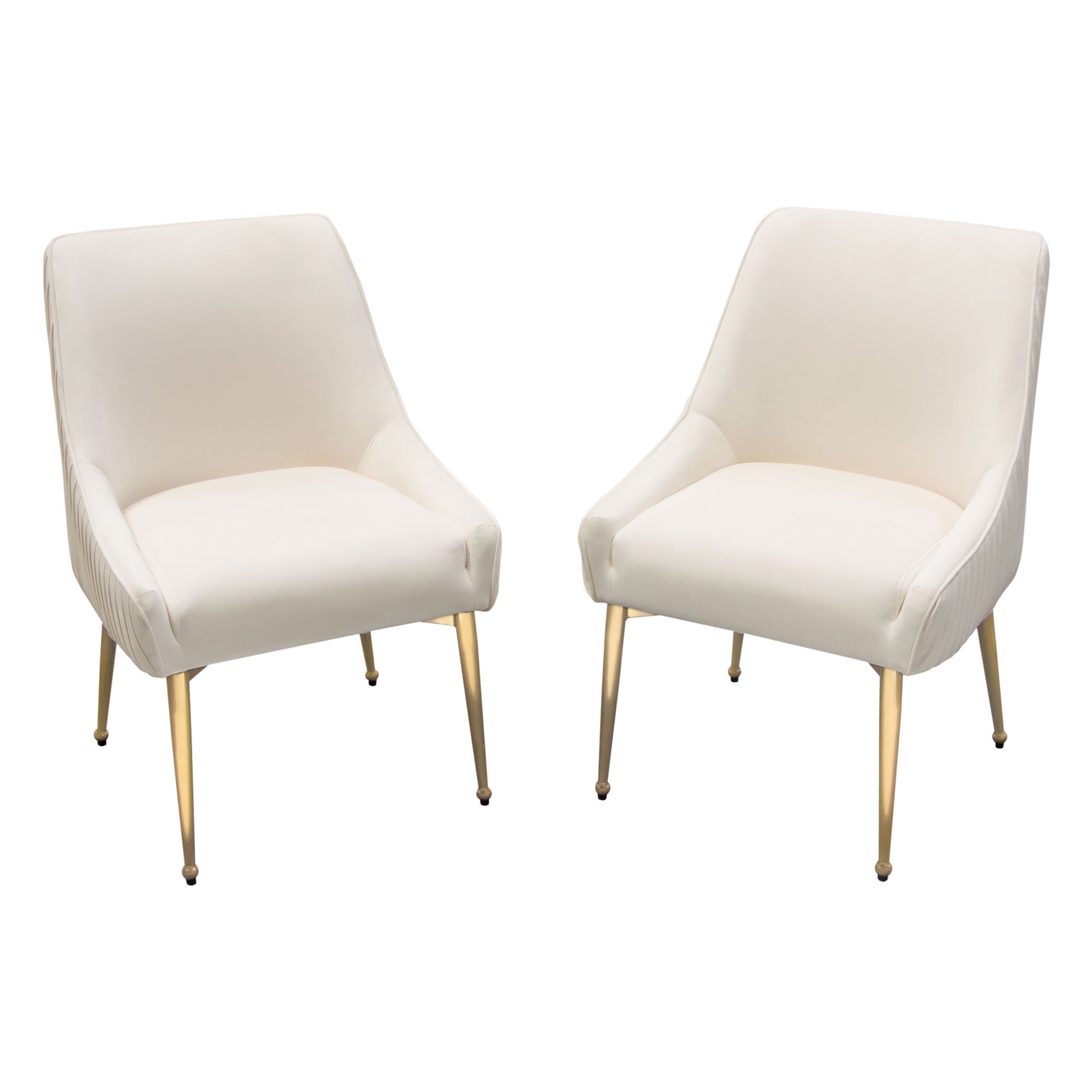 Set of (2) Quinn Dining Chairs w/ Vertical Outside Pleat Detail and Contoured Arm in Cream Velvet w/ Brushed Gold Metal Leg by Diamond Sofa