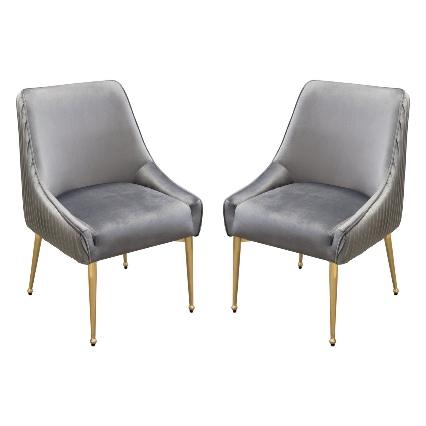 Set of (2) Quinn Dining Chairs w/ Vertical Outside Pleat Detail and Contoured Arm in Grey Velvet w/ Brushed Gold Metal Leg by Diamond Sofa