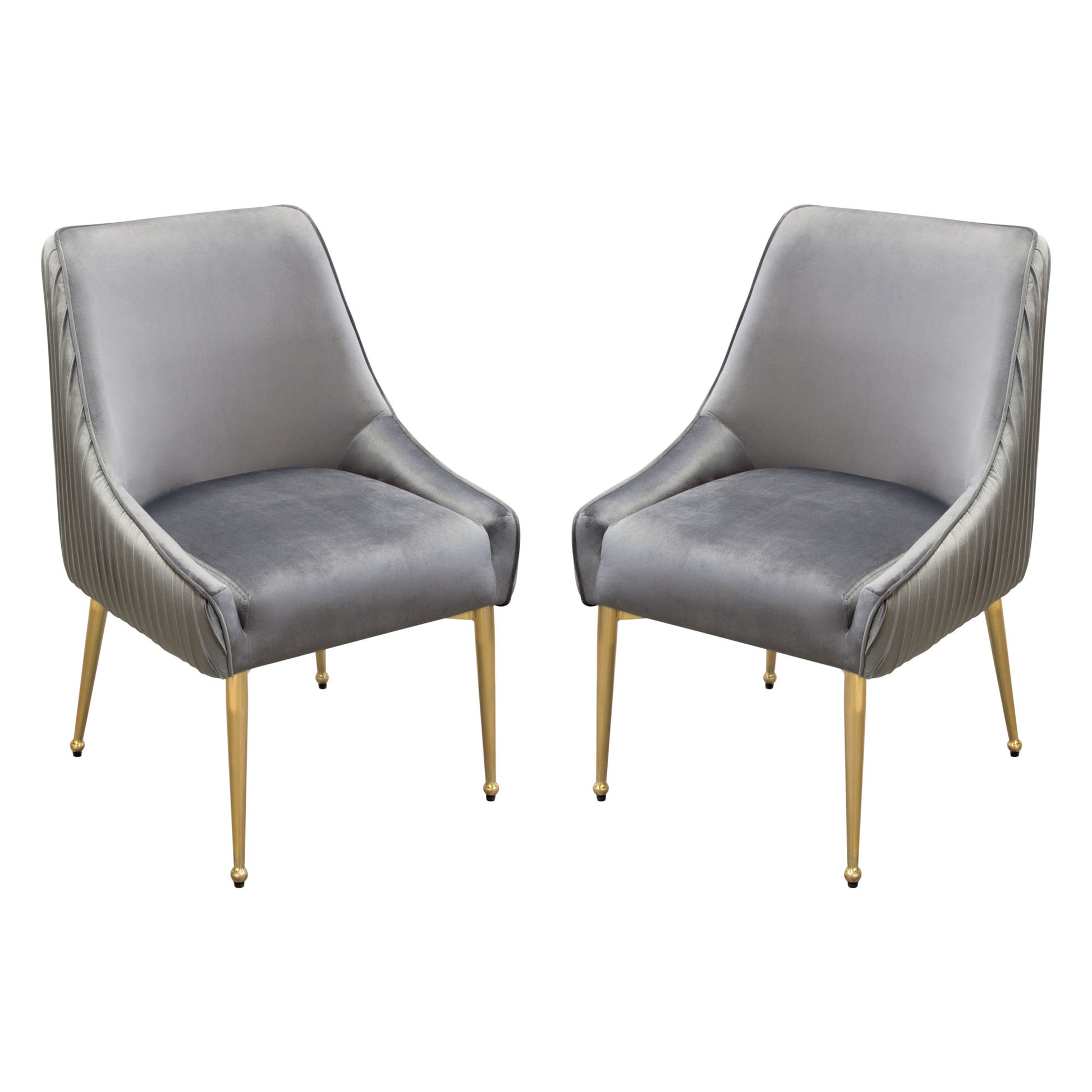 Set of (2) Quinn Dining Chairs w/ Vertical Outside Pleat Detail and Contoured Arm in Grey Velvet w/ Brushed Gold Metal Leg by Diamond Sofa