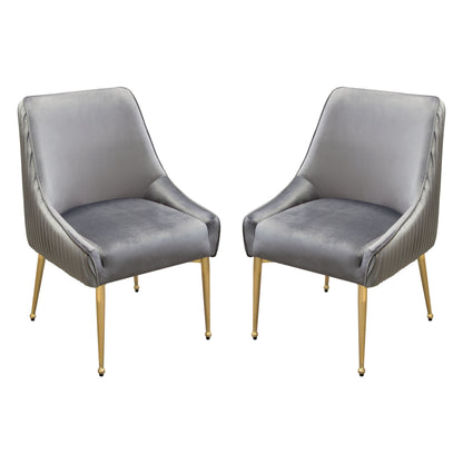 Set of (2) Quinn Dining Chairs w/ Vertical Outside Pleat Detail and Contoured Arm in Grey Velvet w/ Brushed Gold Metal Leg by Diamond Sofa